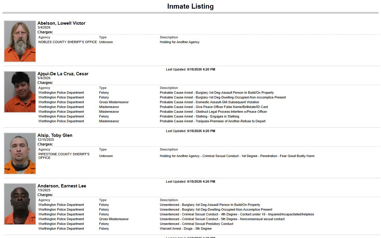 Rock County inmate population roster fields on Nobles County Jail listing
